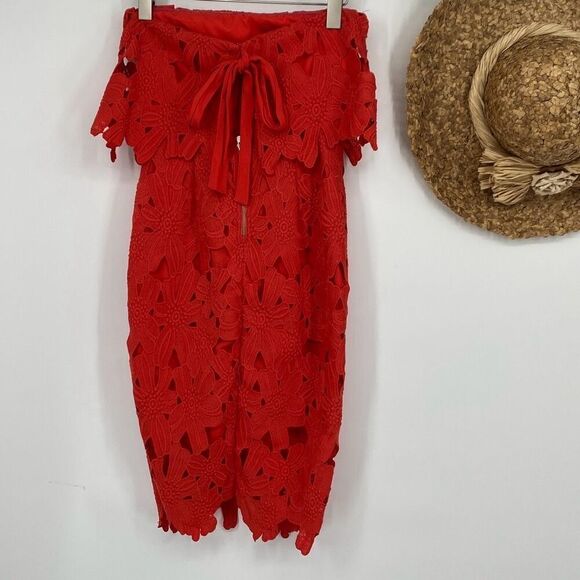 Saylor x Free People Erin Red Lace Strapless Knee Length Pretty  Dress Coral Red - Picture 7 of 15
